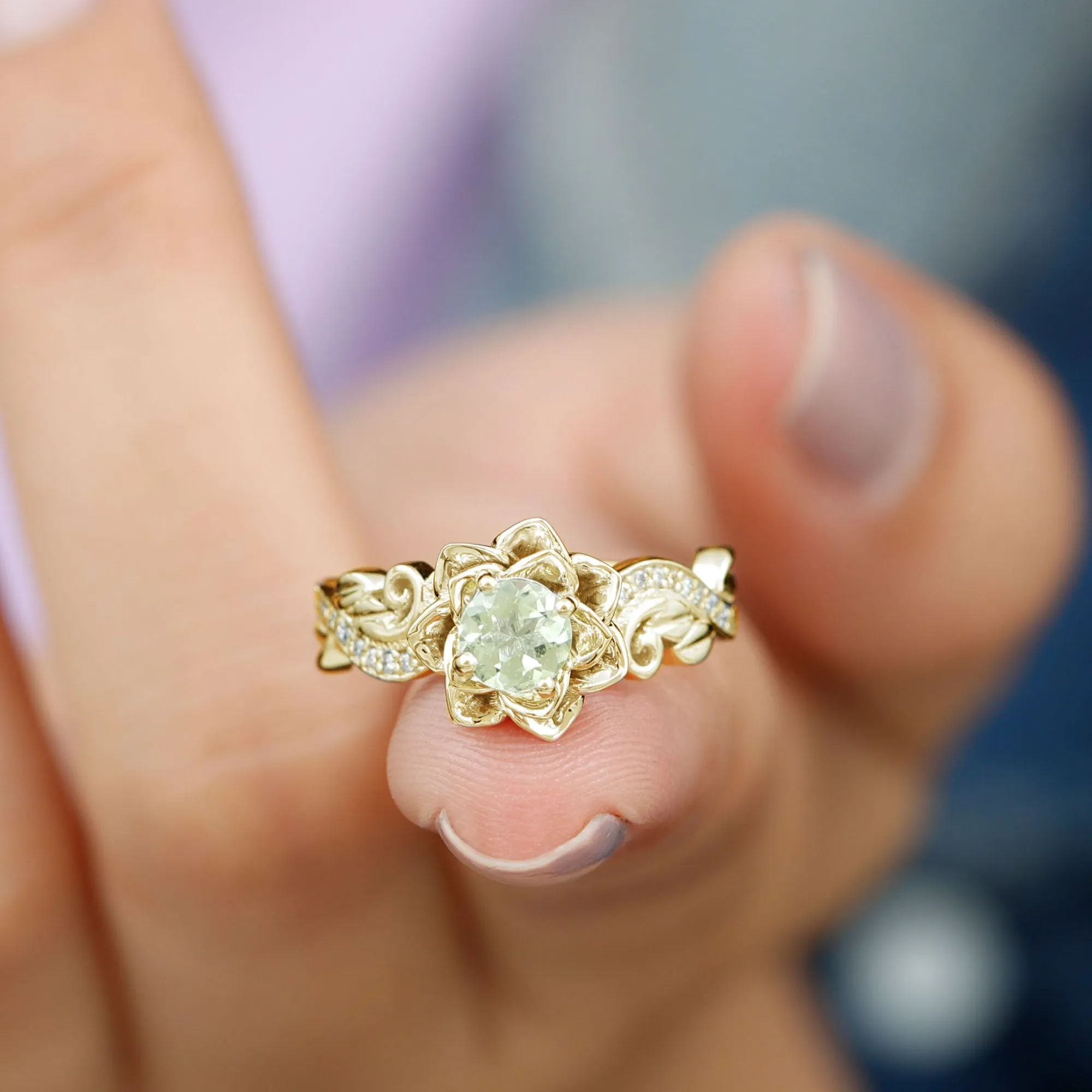 Flower Inspired Peridot and Diamond Engagement Ring