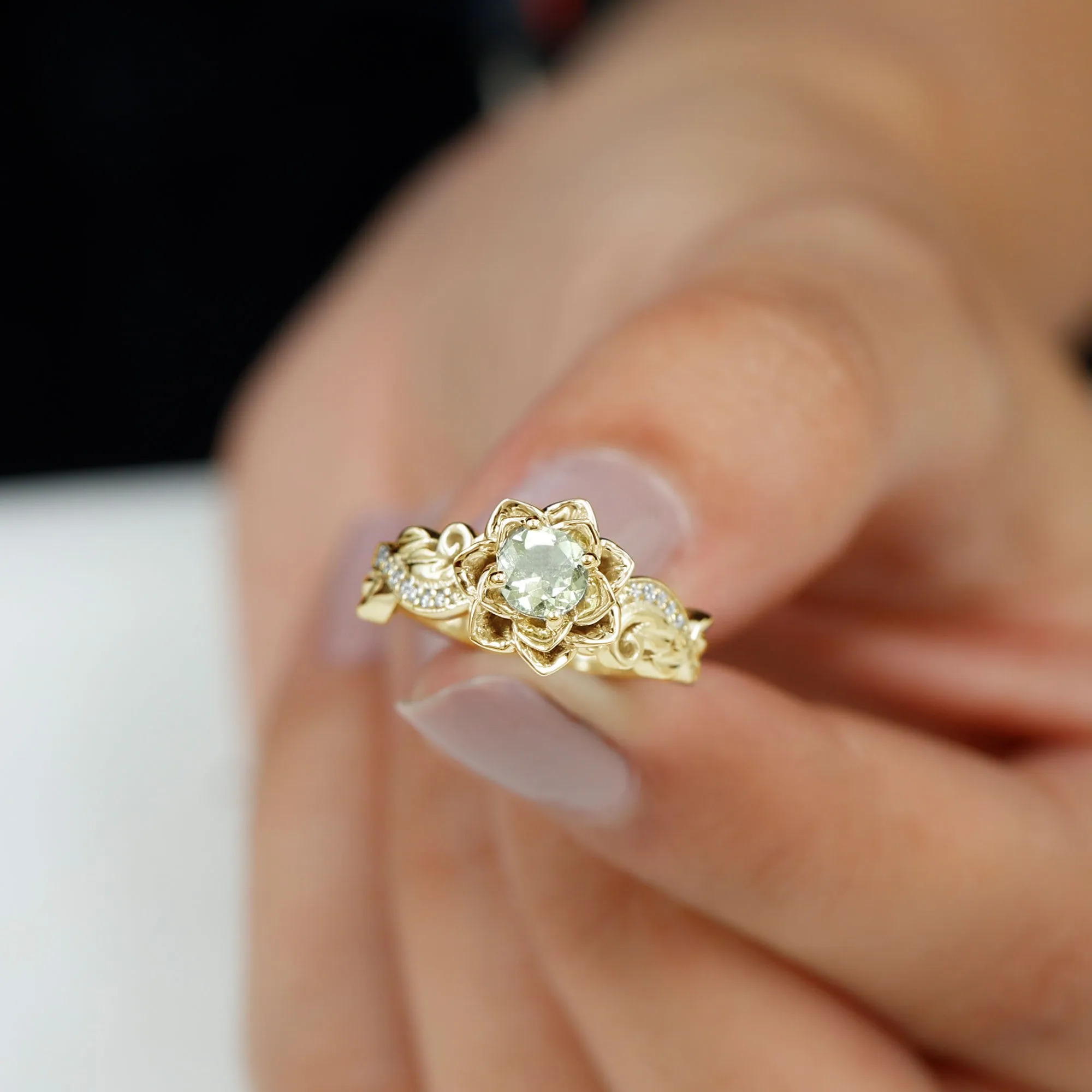 Flower Inspired Peridot and Diamond Engagement Ring