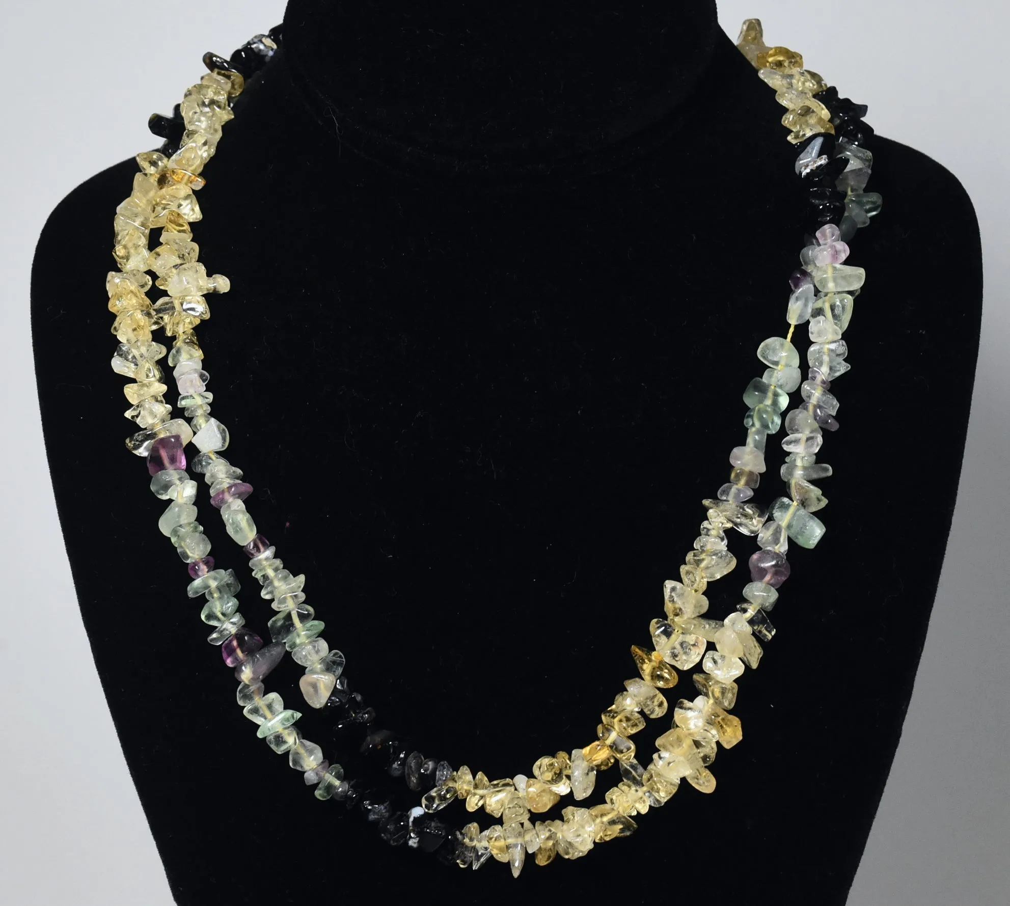 Fluorite, Citrine, Snowflake Obsidian Chip Bead Single Strand Opera Necklace