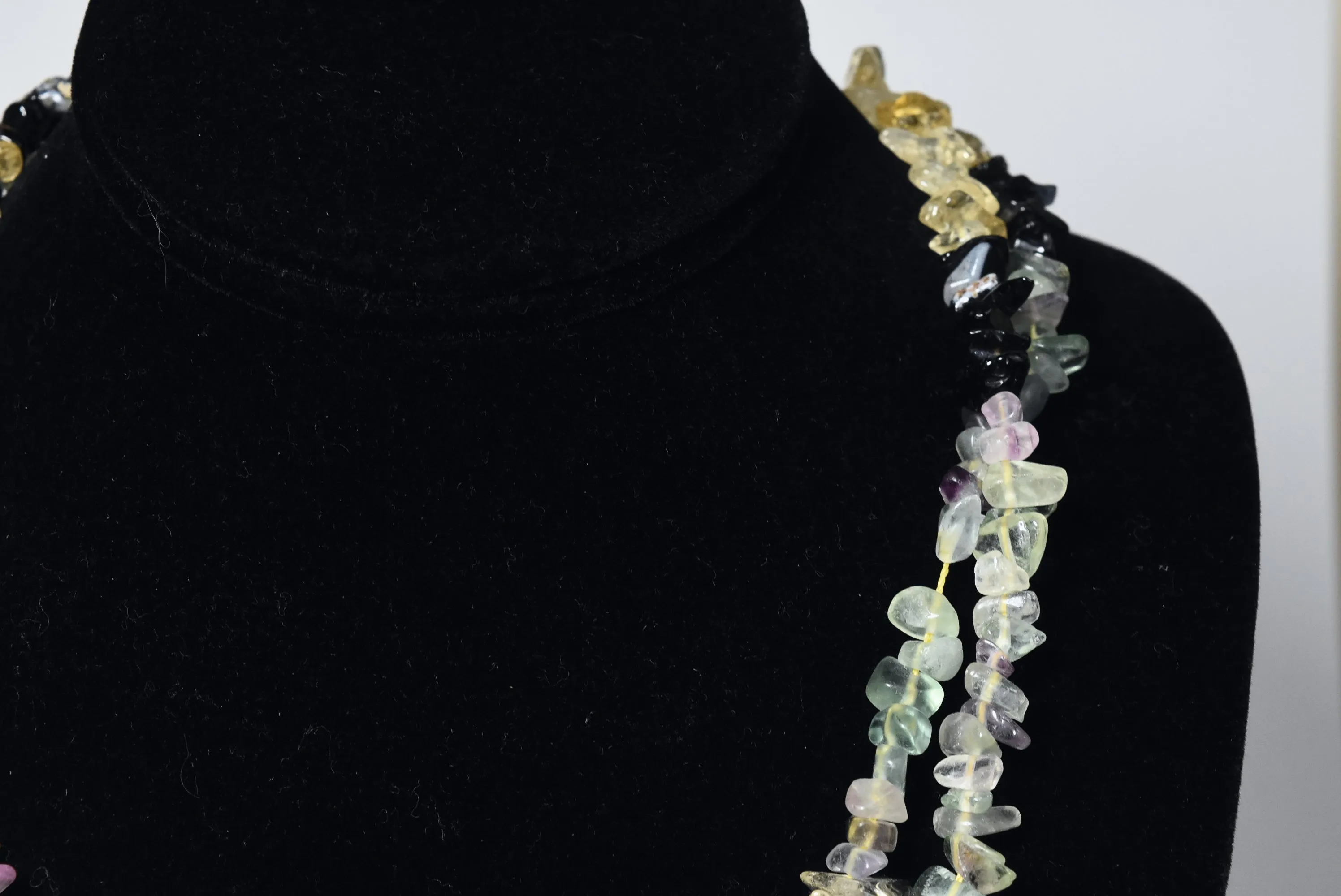 Fluorite, Citrine, Snowflake Obsidian Chip Bead Single Strand Opera Necklace