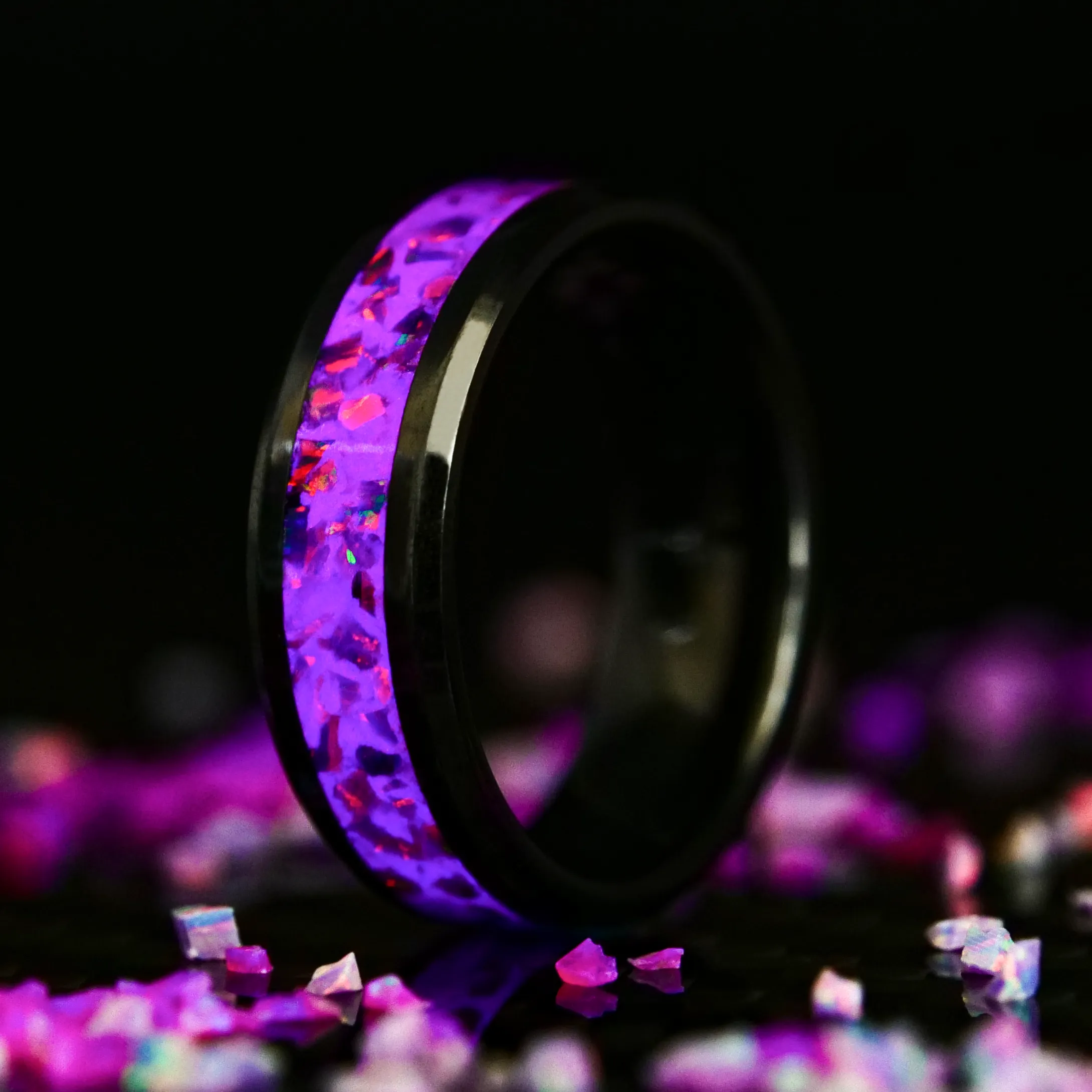 Fuschia Opal Glowstone Ring on Black Ceramic