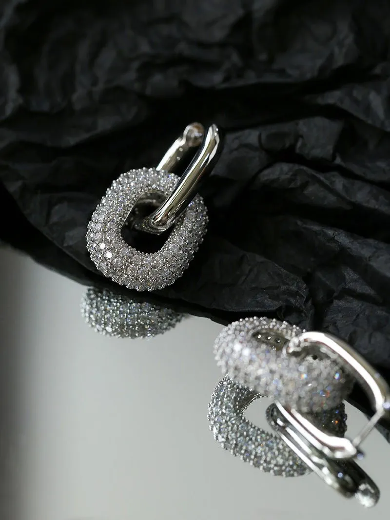 Geometric Lock Ring Full Diamond Zircon Silver Earrings
