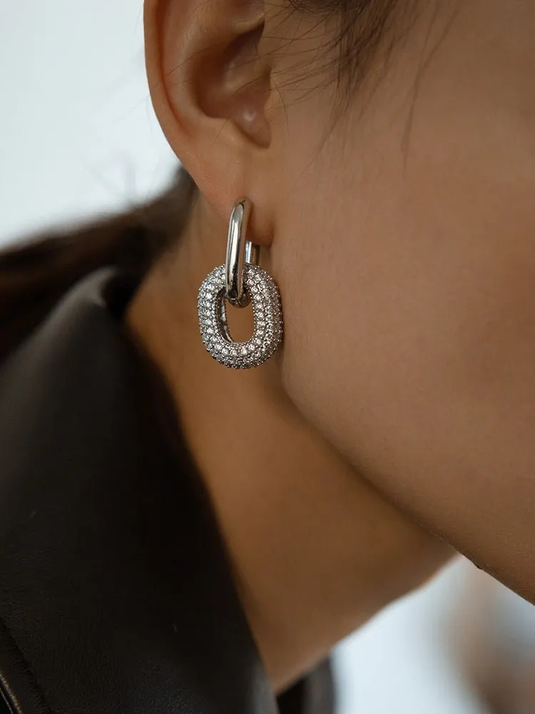 Geometric Lock Ring Full Diamond Zircon Silver Earrings