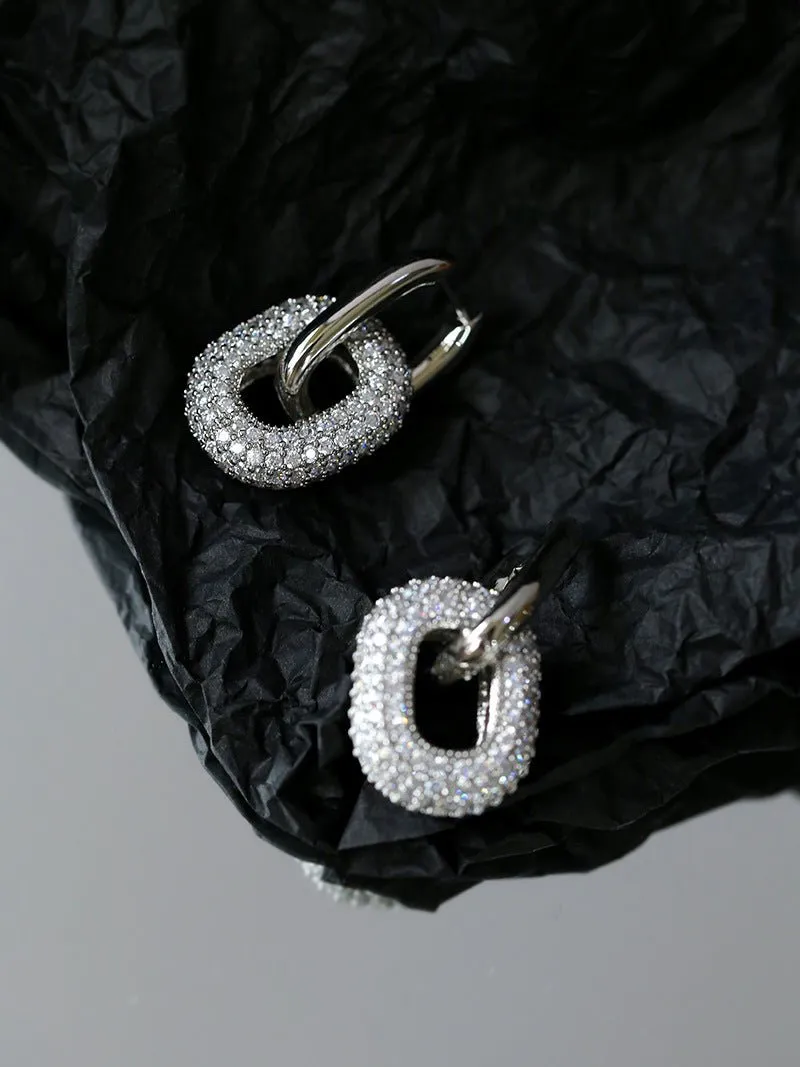 Geometric Lock Ring Full Diamond Zircon Silver Earrings