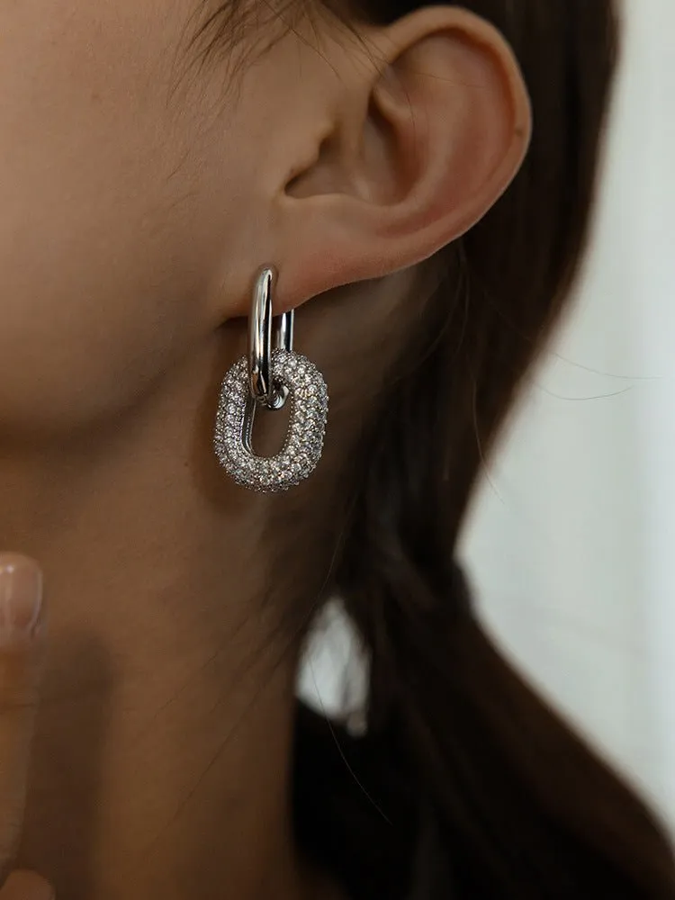 Geometric Lock Ring Full Diamond Zircon Silver Earrings