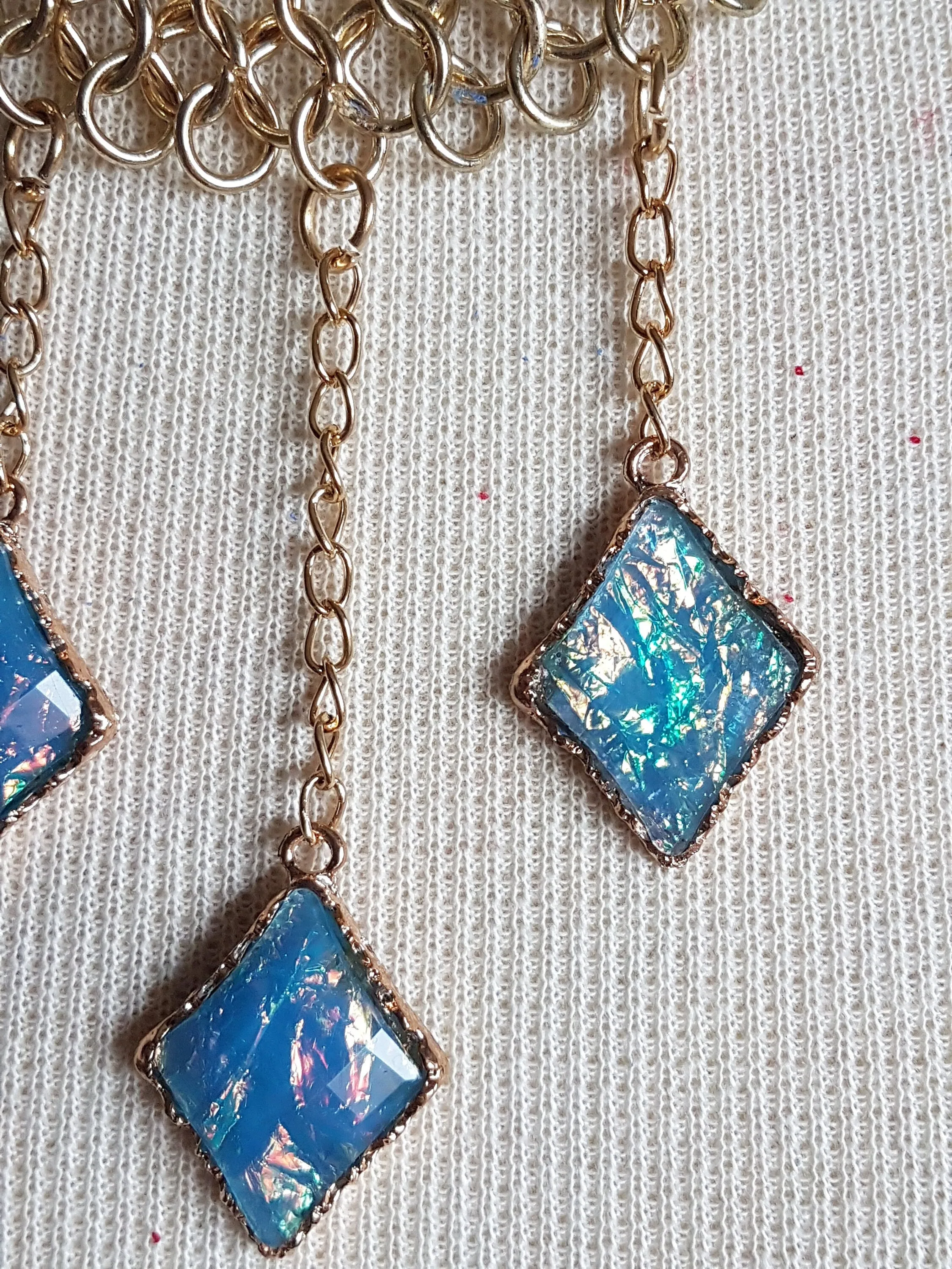 Gold Chain Dangle Blue Opal Necklace