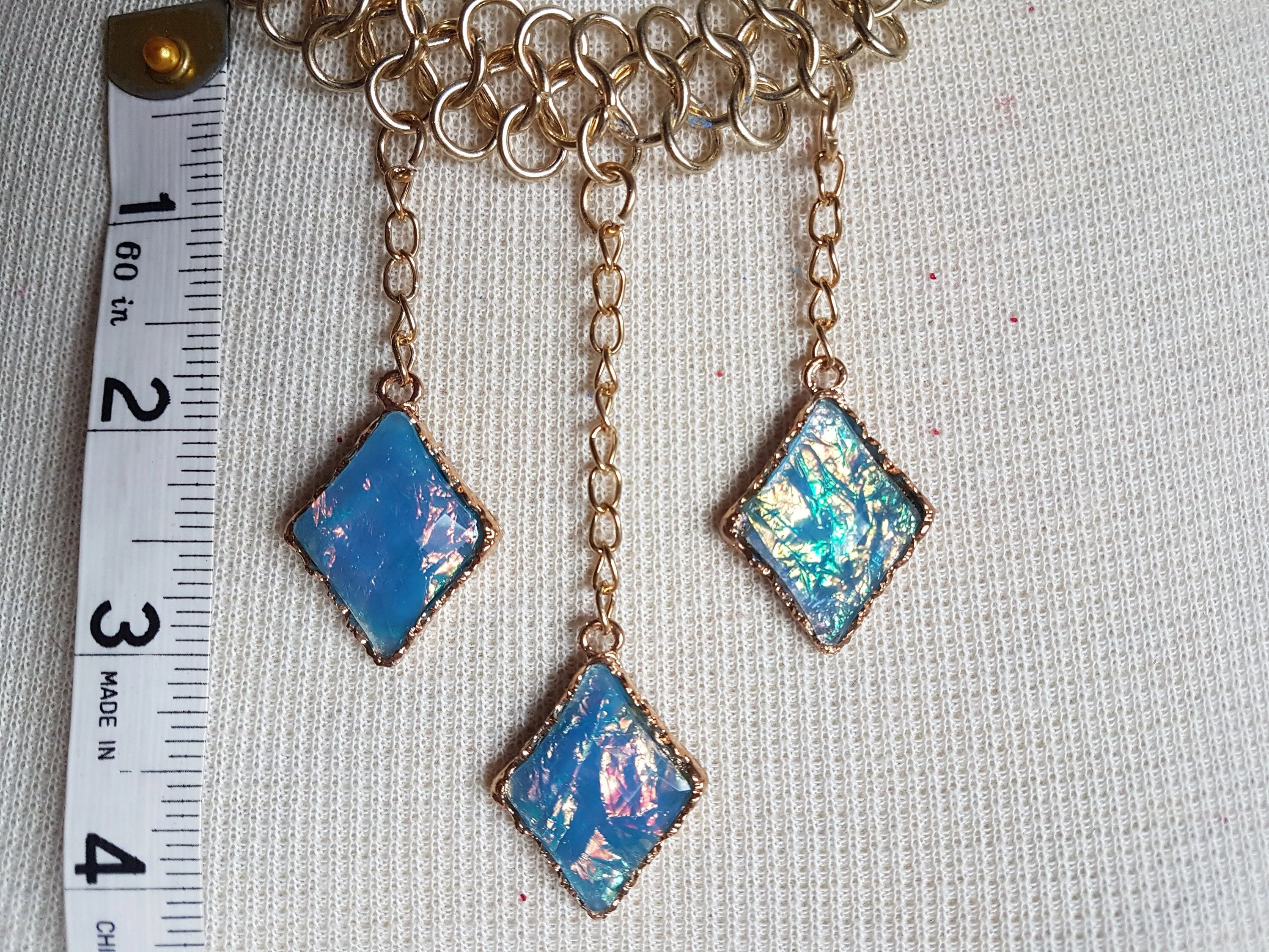 Gold Chain Dangle Blue Opal Necklace