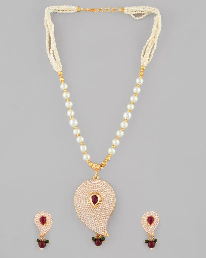 Gold Plated Kundan Studsed And Beaded Necklace And Earring Set - Voj