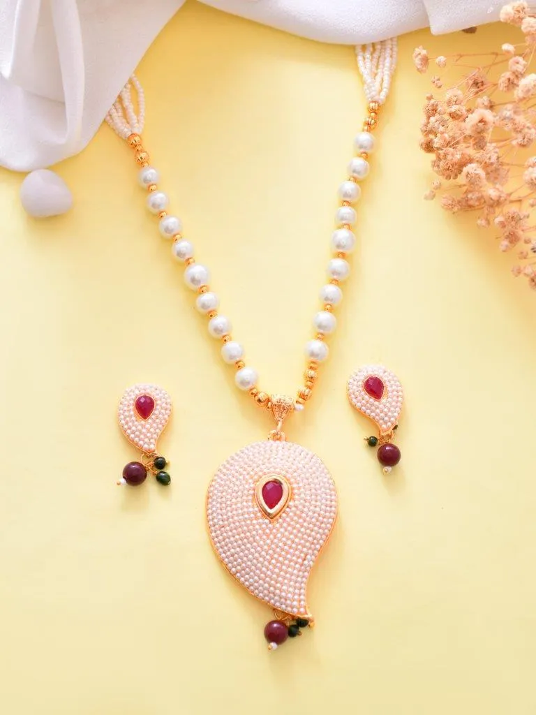 Gold Plated Kundan Studsed And Beaded Necklace And Earring Set - Voj
