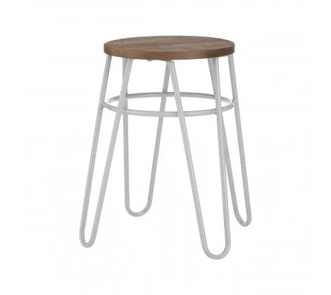 Grey Metal & Elm Wood Hairpin Stool