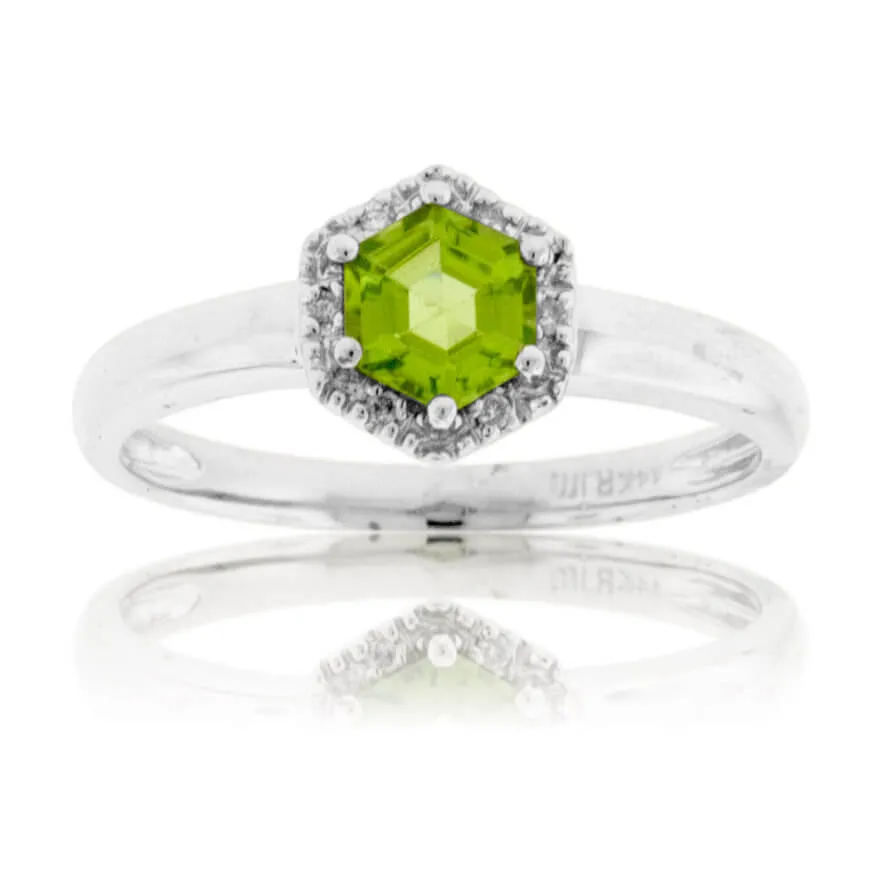 Hexagon Shaped Peridot and Diamond Halo Ring