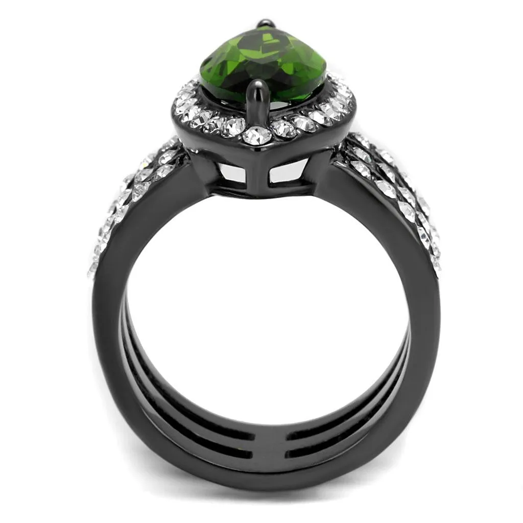 IP Light Black (IP Gun) Stainless Steel Ring with Synthetic Synthetic Glass in Peridot for Women Style TK2989