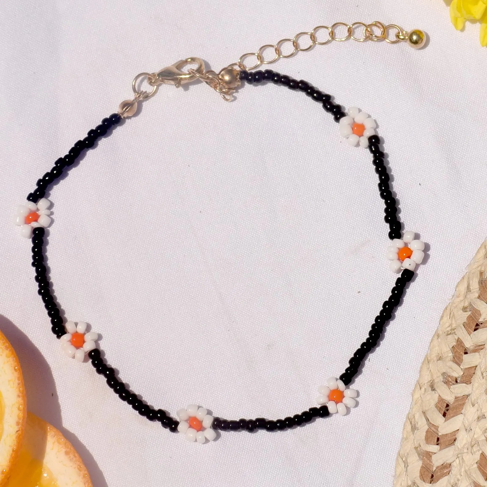 Joker & Witch Daisy Bloom Black Beaded Anklet for Women