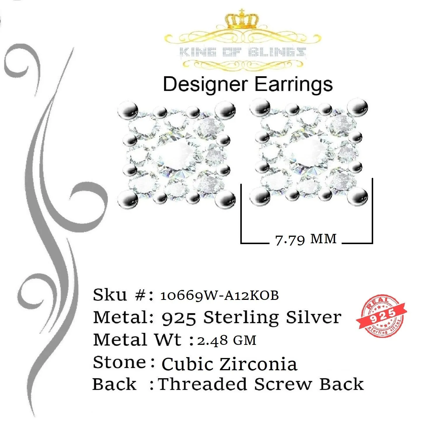 King of Blings- Hip Hop 925 White Silver 1.68ct Cubic Zirconia Women's / Men's Square Earrings