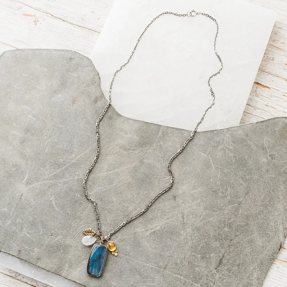 Labradorite Rectangle Necklace with Gem Cluster and Leaf