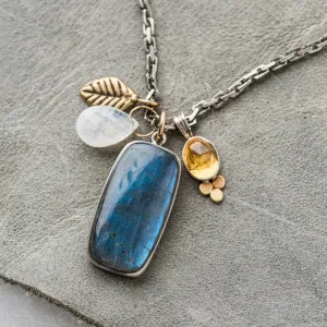 Labradorite Rectangle Necklace with Gem Cluster and Leaf