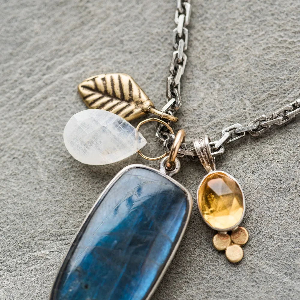 Labradorite Rectangle Necklace with Gem Cluster and Leaf