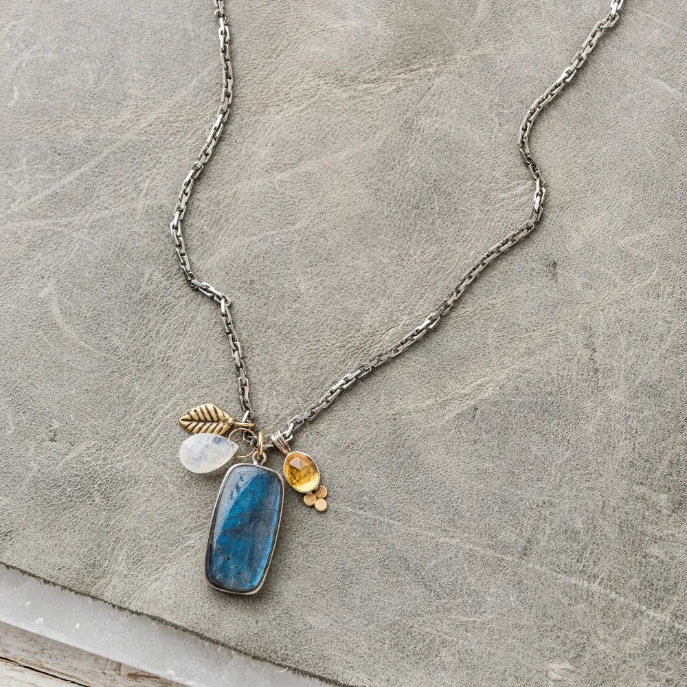 Labradorite Rectangle Necklace with Gem Cluster and Leaf