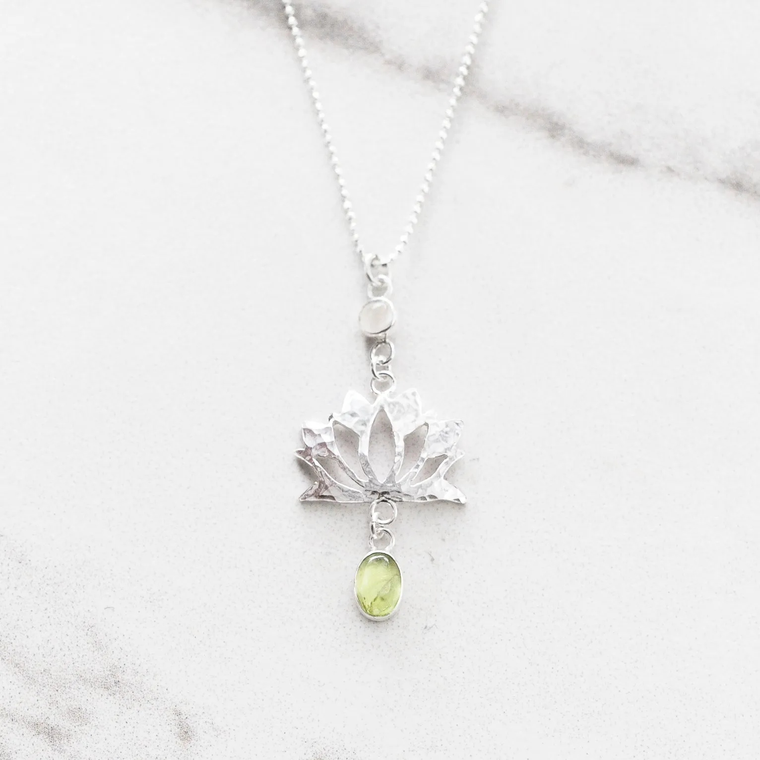 Lakshmi Peridot and White Moonstone Lotus Pendant