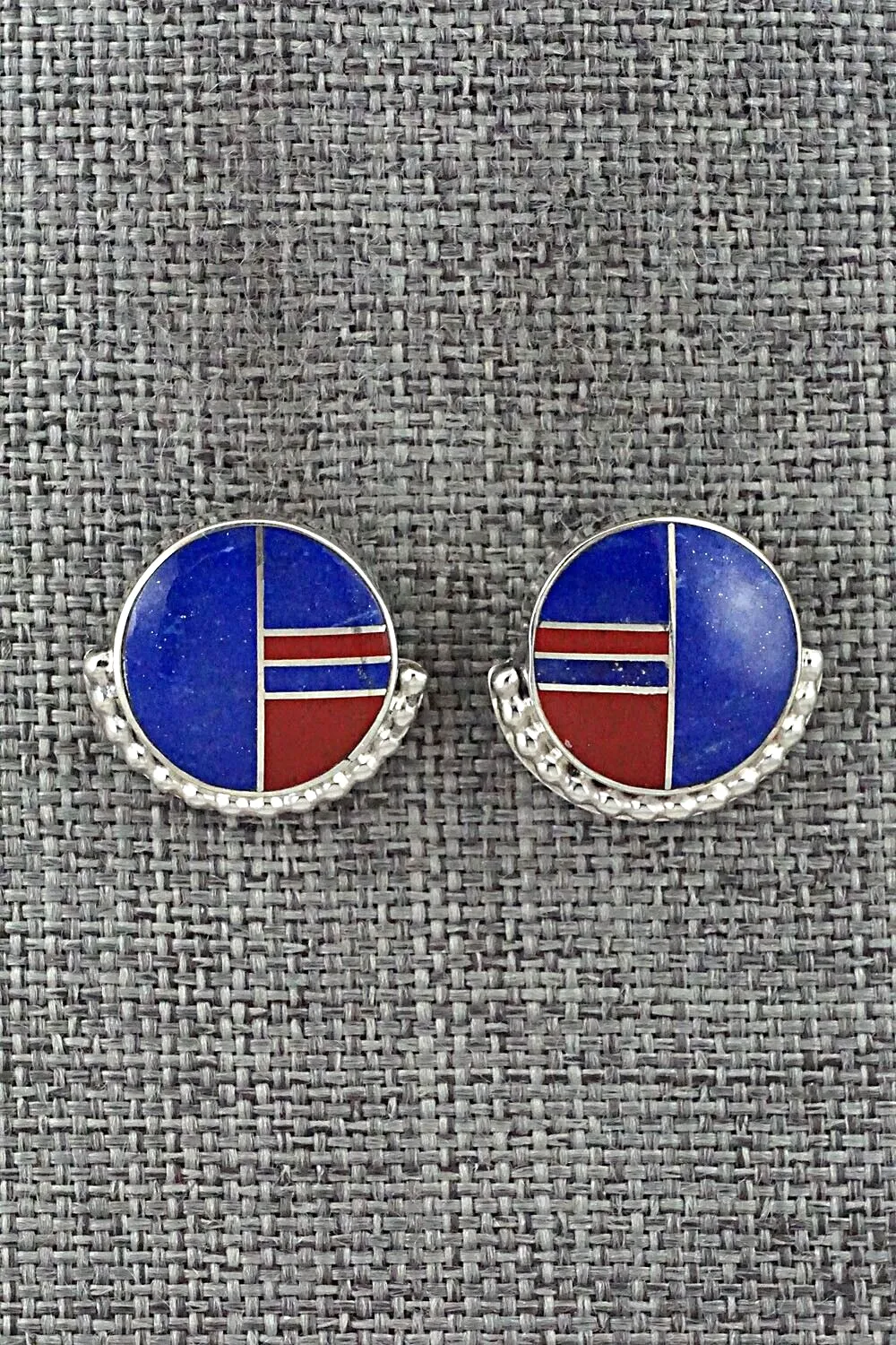 Lapis, Coral & Sterling Silver Inlay Earrings - Curtis Manygoats
