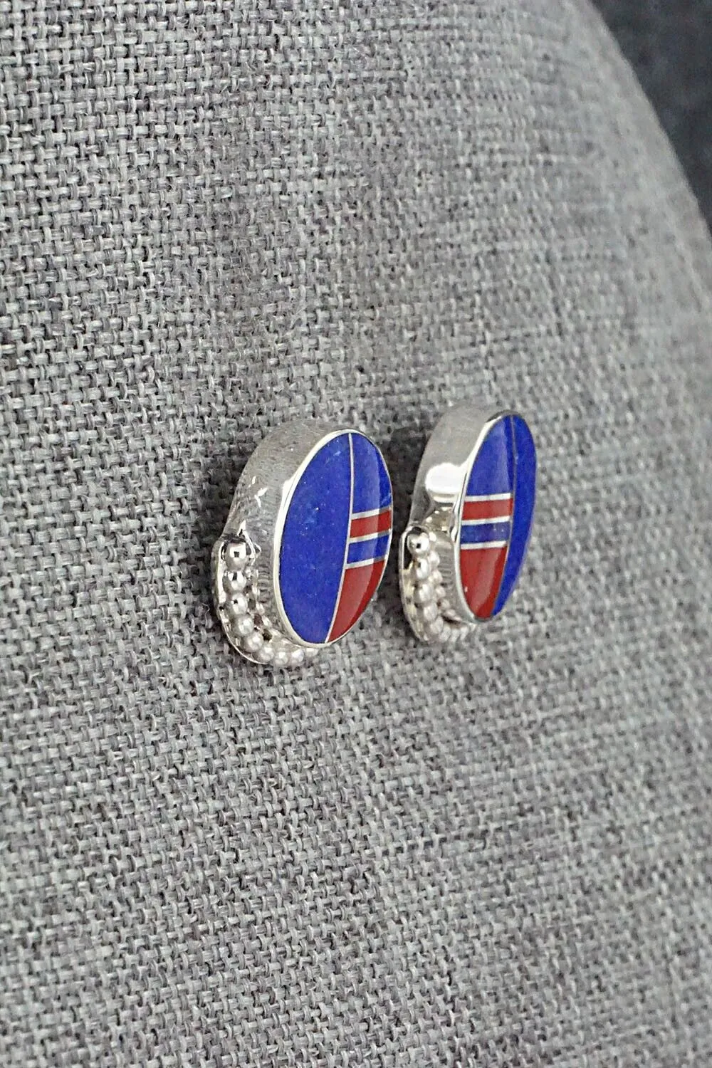 Lapis, Coral & Sterling Silver Inlay Earrings - Curtis Manygoats