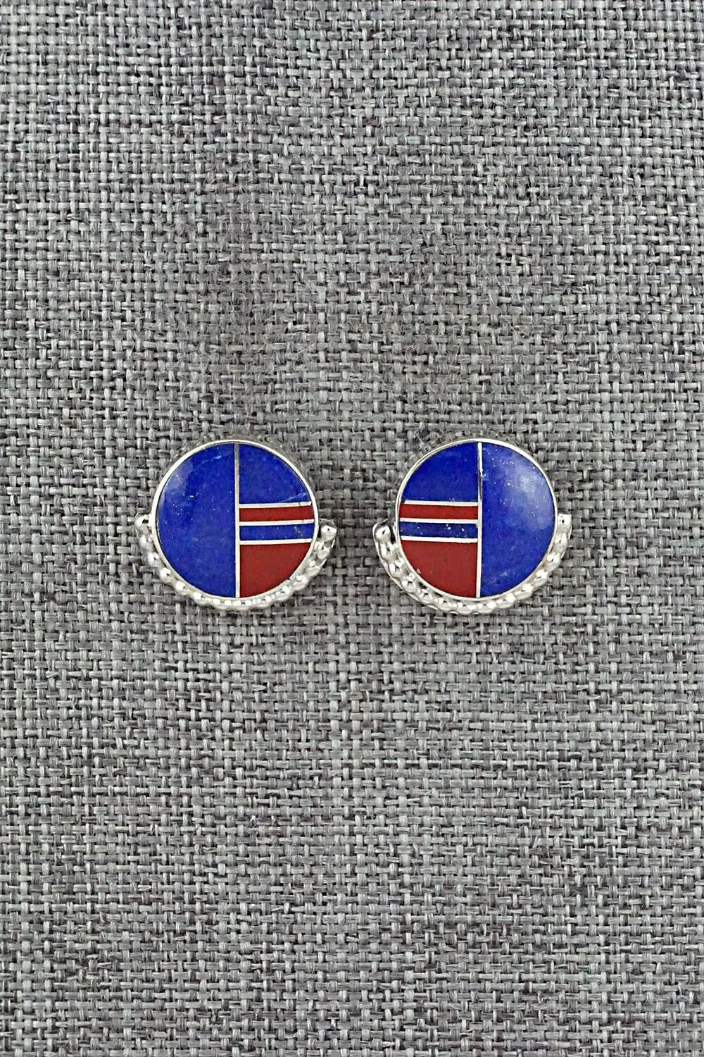 Lapis, Coral & Sterling Silver Inlay Earrings - Curtis Manygoats