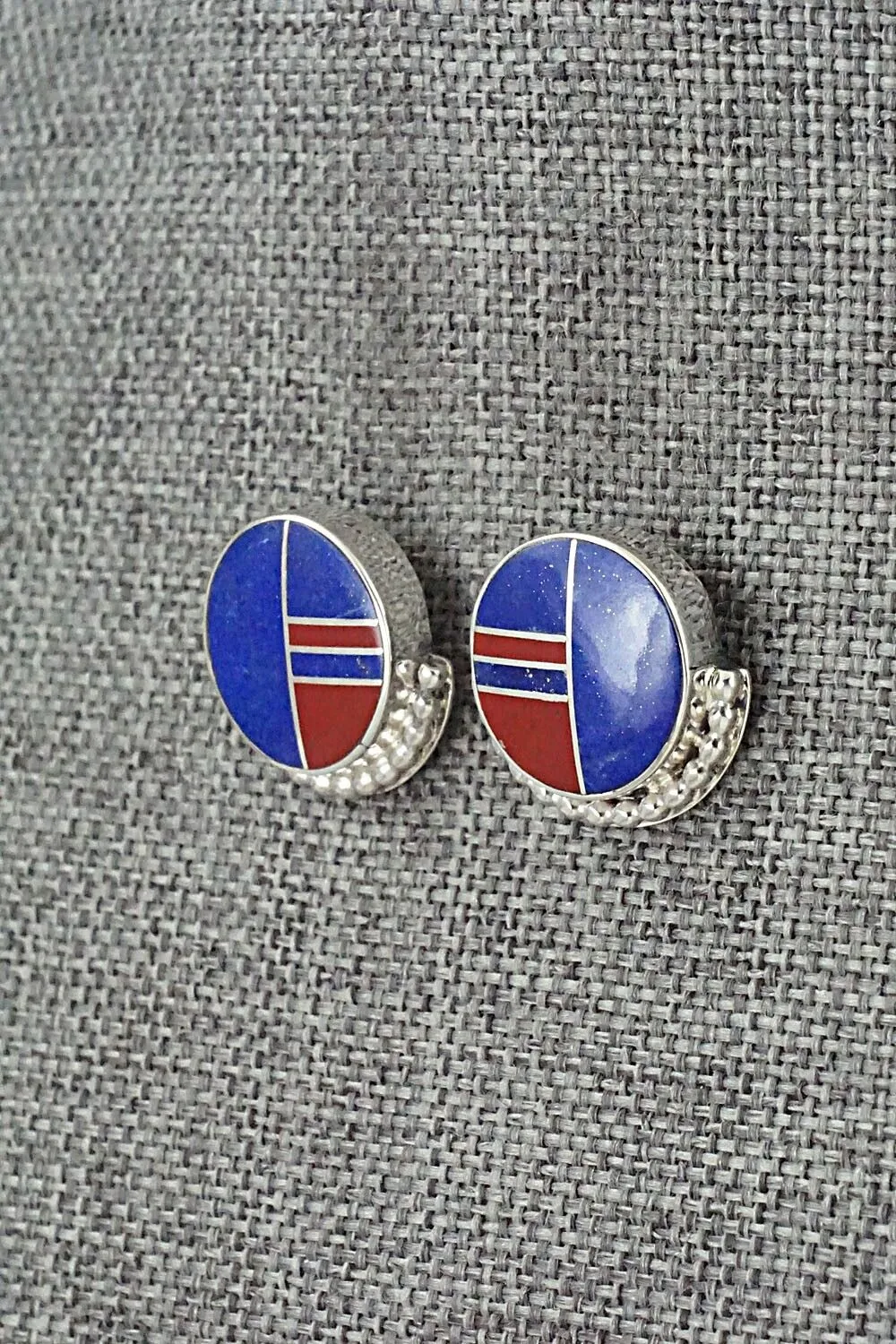 Lapis, Coral & Sterling Silver Inlay Earrings - Curtis Manygoats