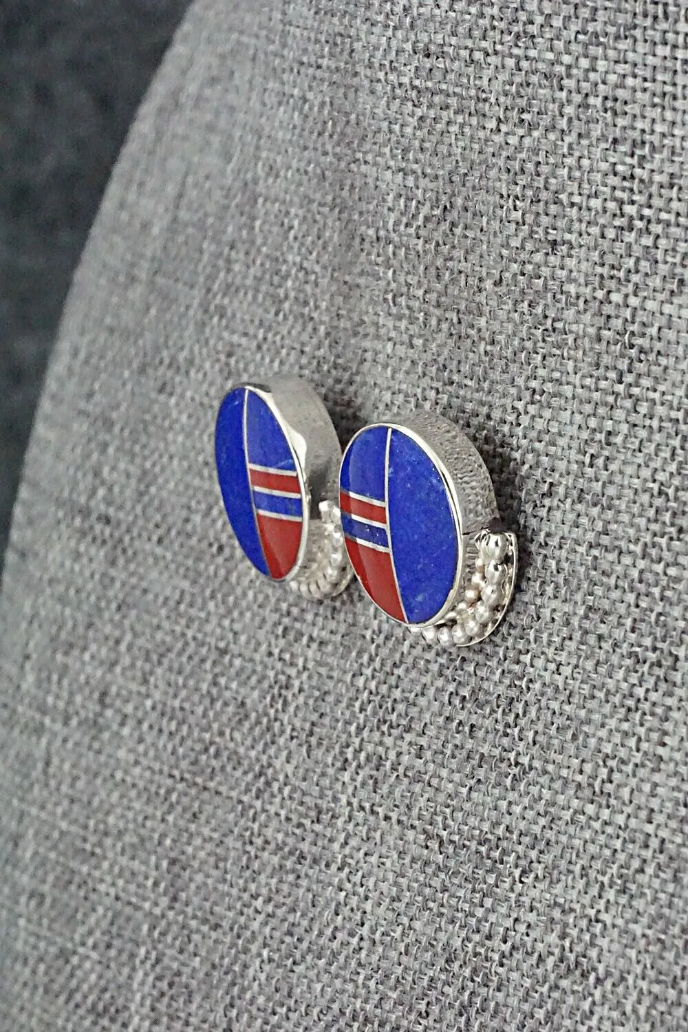 Lapis, Coral & Sterling Silver Inlay Earrings - Curtis Manygoats