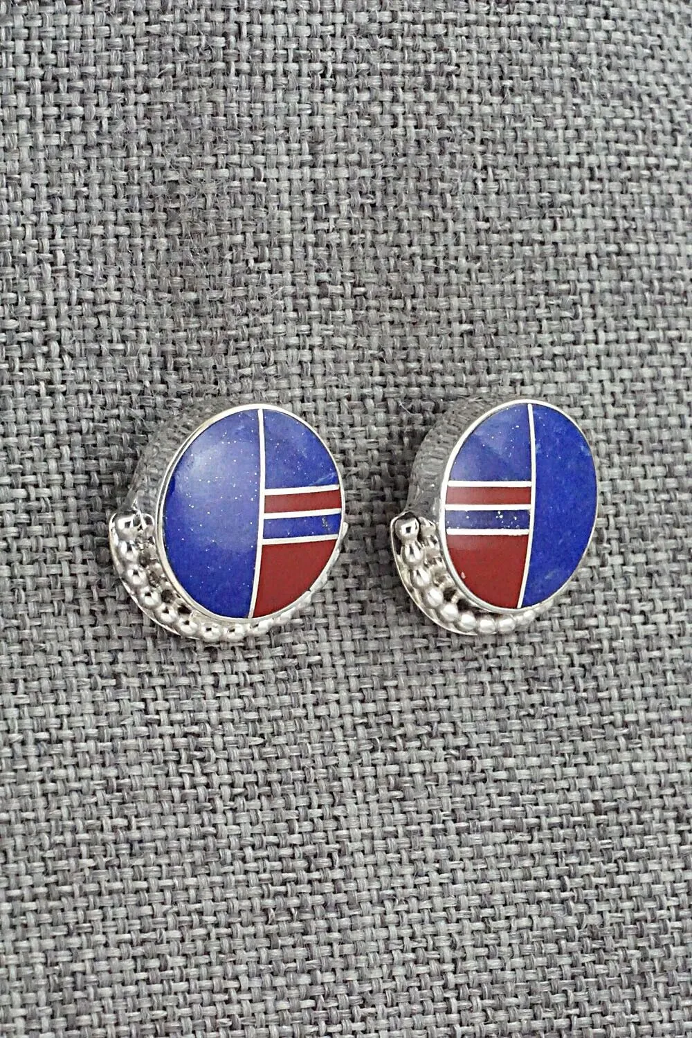 Lapis, Coral & Sterling Silver Inlay Earrings - Curtis Manygoats