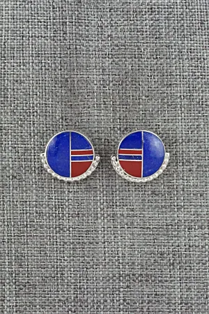 Lapis, Coral & Sterling Silver Inlay Earrings - Curtis Manygoats