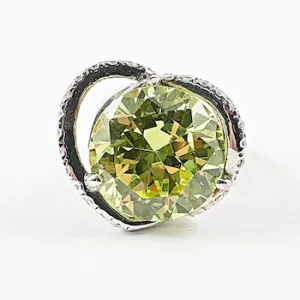 Large Center Round Peridot CZ Silver Ring