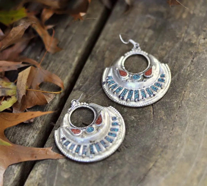 Large Tibetan Coral and Turquoise Earrings