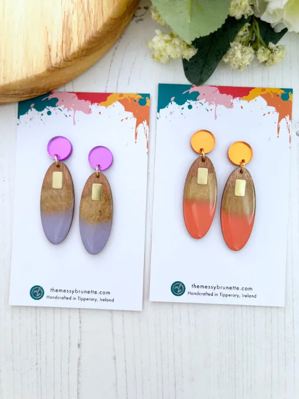 Long Oval Drop Candy Earrings in Coral and Lavender