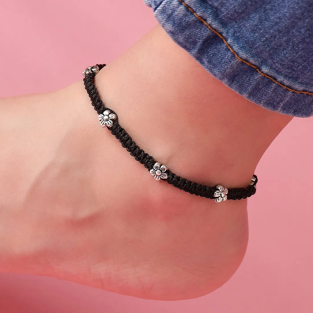 Midnight Bloom 925 Sterling Silver Flower Anklet