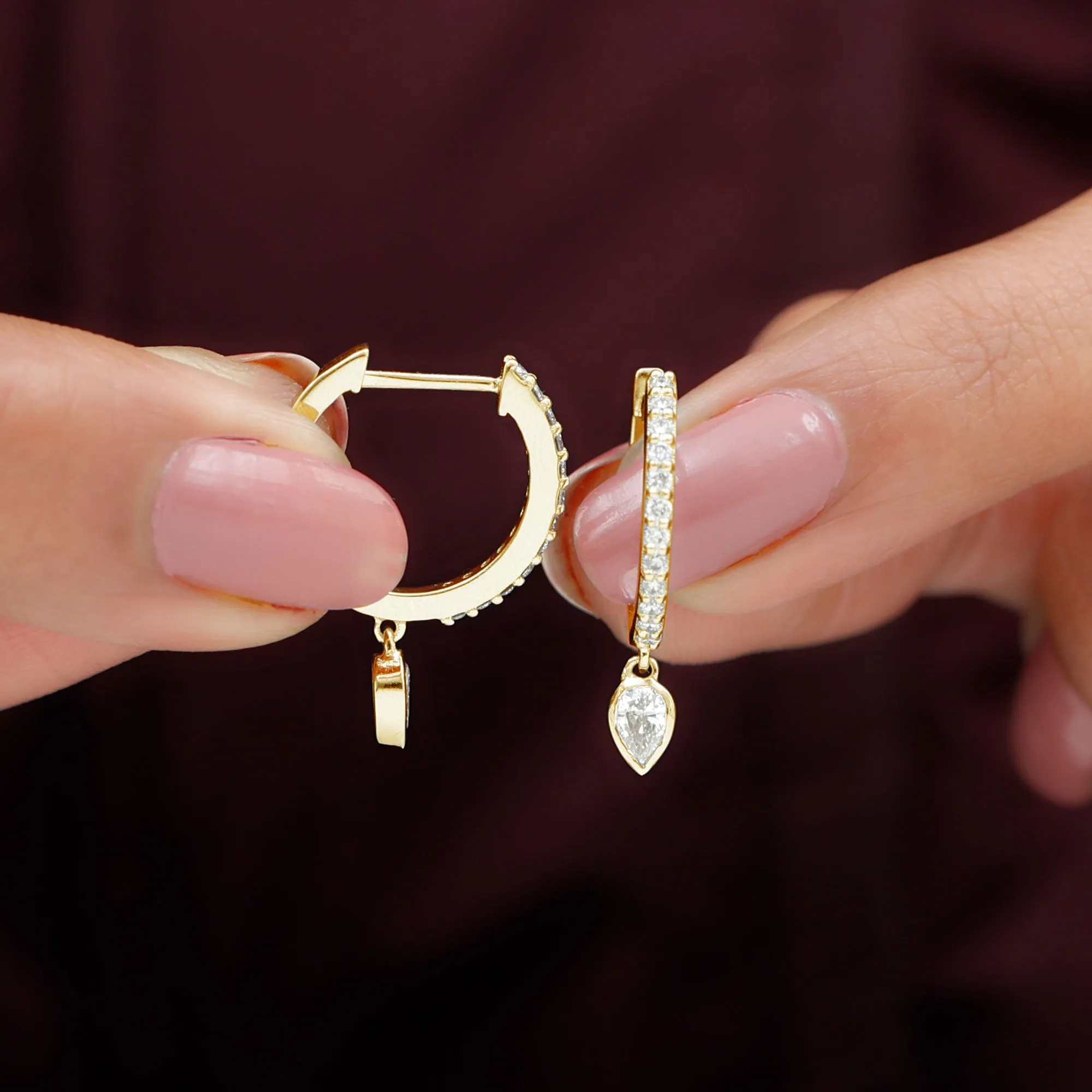 Minimal Hoop Drop Earrings with Pear and Round Shape Zircon in Gold