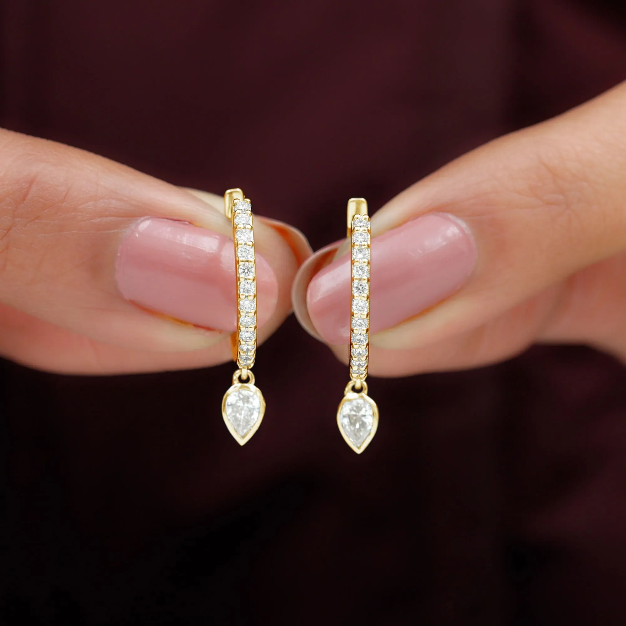 Minimal Hoop Drop Earrings with Pear and Round Shape Zircon in Gold