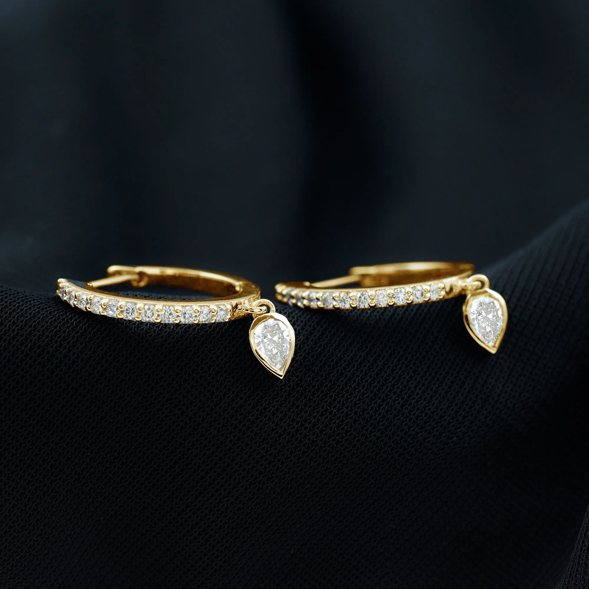 Minimal Hoop Drop Earrings with Pear and Round Shape Zircon in Gold