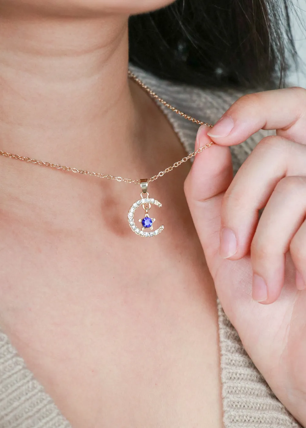 Miss A Birthstone Necklace - Moon   Star