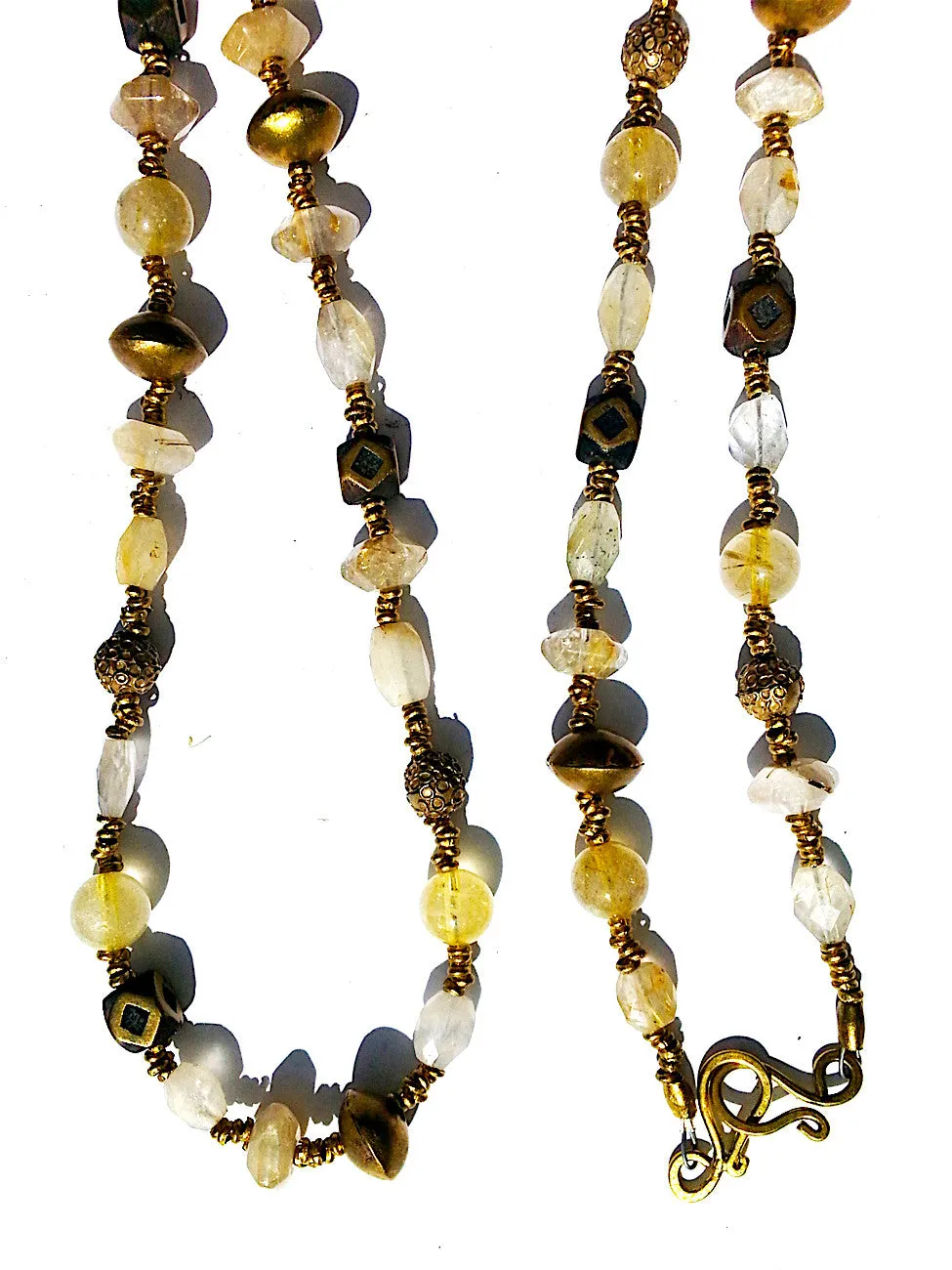 Necklace Citrine, Quartz and Vintage African Brass Double Length