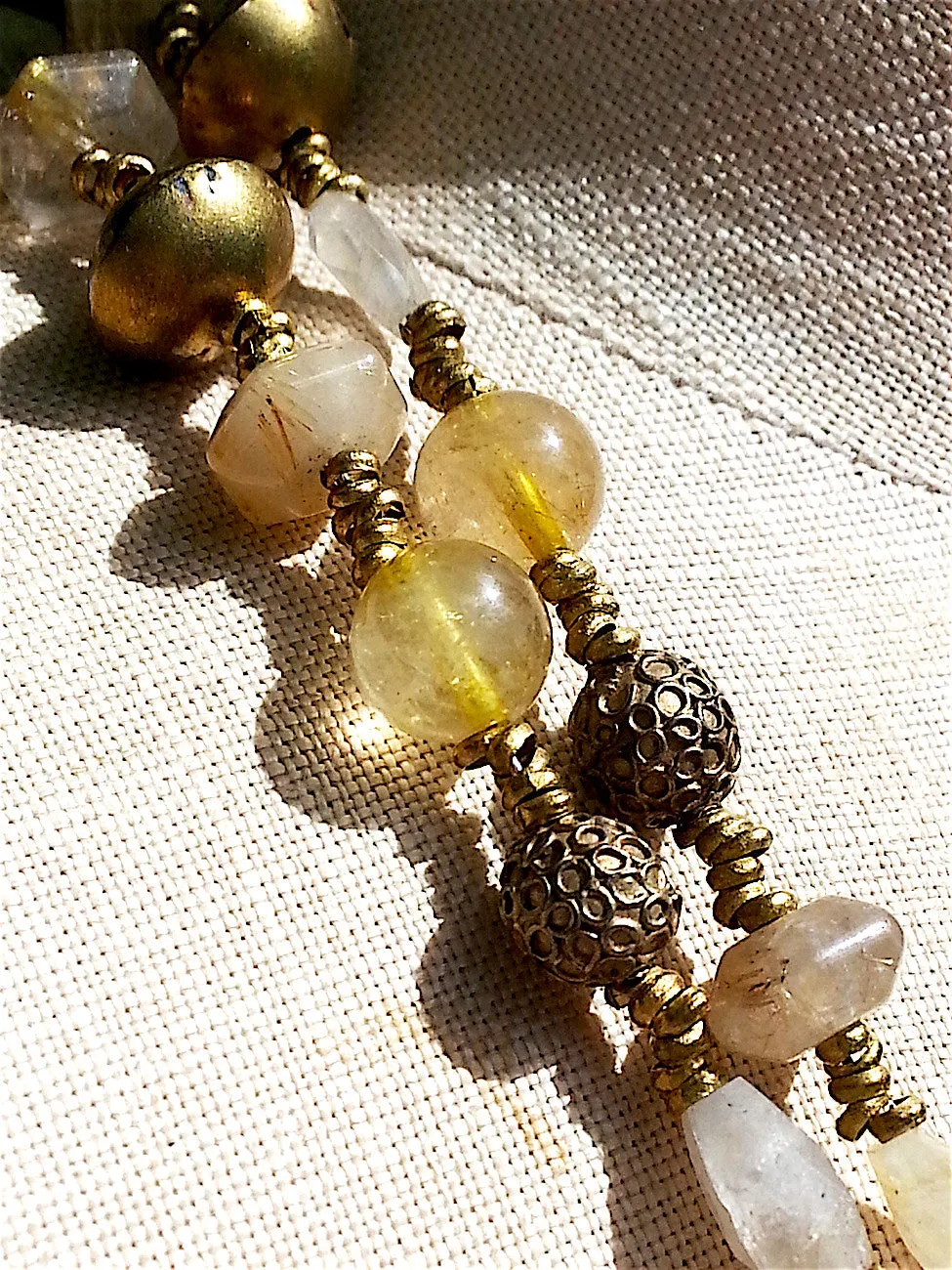 Necklace Citrine, Quartz and Vintage African Brass Double Length