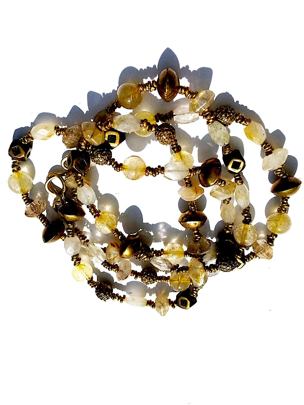 Necklace Citrine, Quartz and Vintage African Brass Double Length