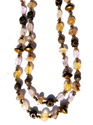 Necklace Citrine, Quartz and Vintage African Brass Double Length