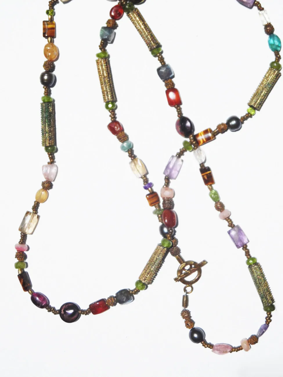 Necklace Citrine, Quartz and Vintage African Brass Double Length