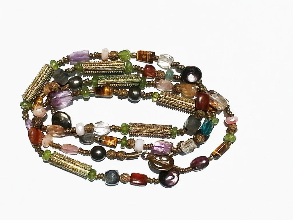 Necklace Citrine, Quartz and Vintage African Brass Double Length