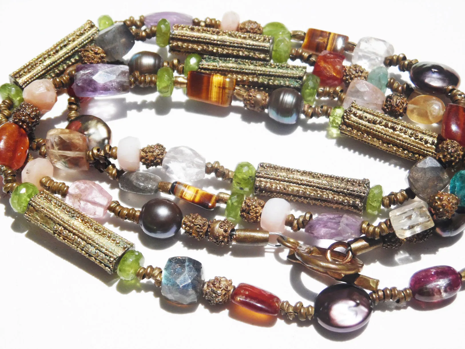 Necklace Citrine, Quartz and Vintage African Brass Double Length