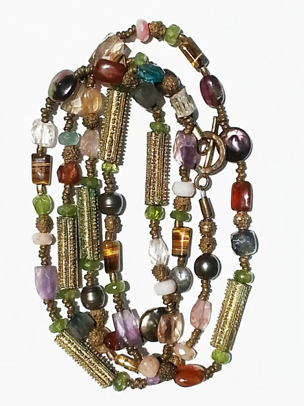 Necklace Citrine, Quartz and Vintage African Brass Double Length