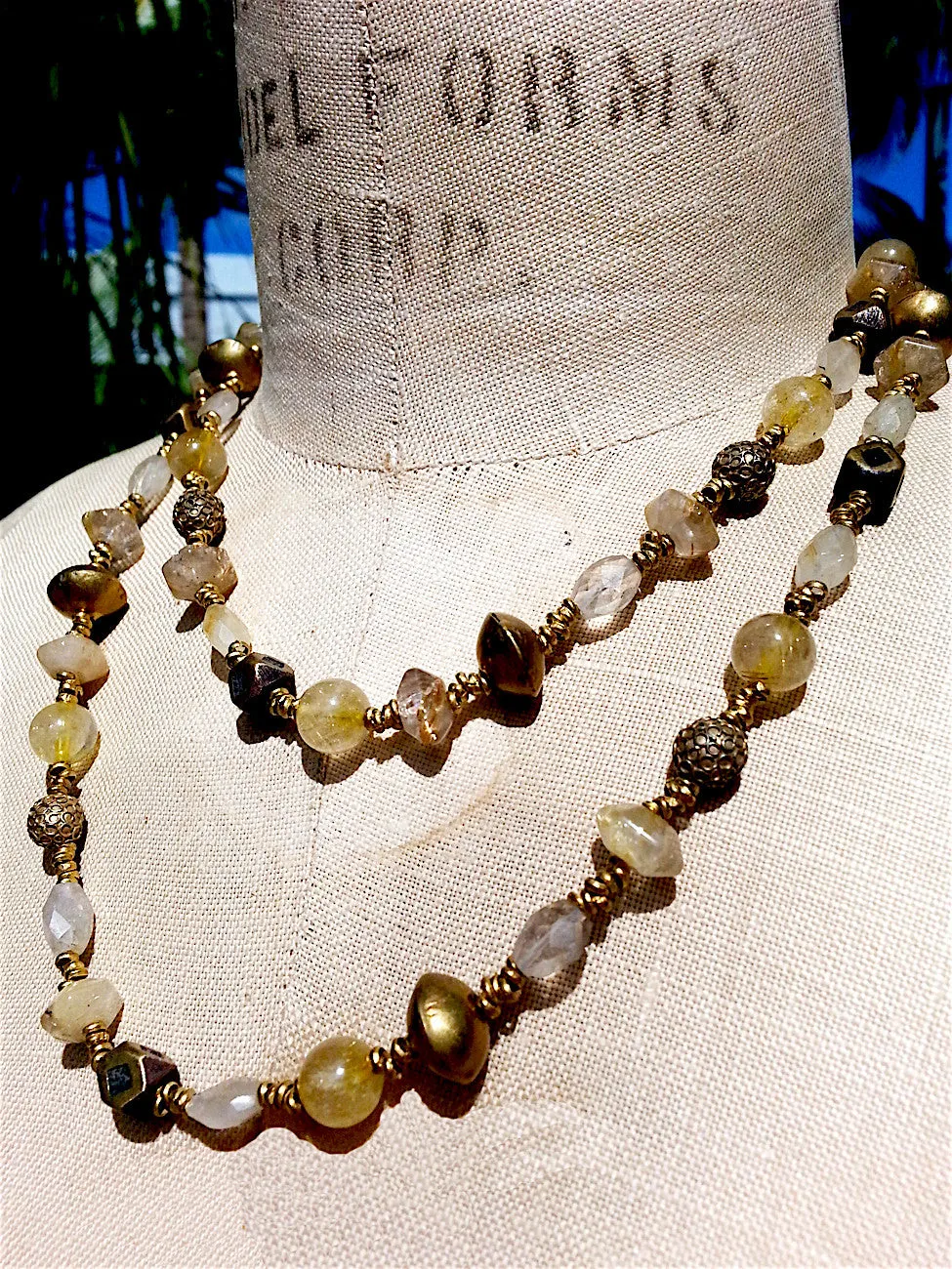 Necklace Citrine, Quartz and Vintage African Brass Double Length