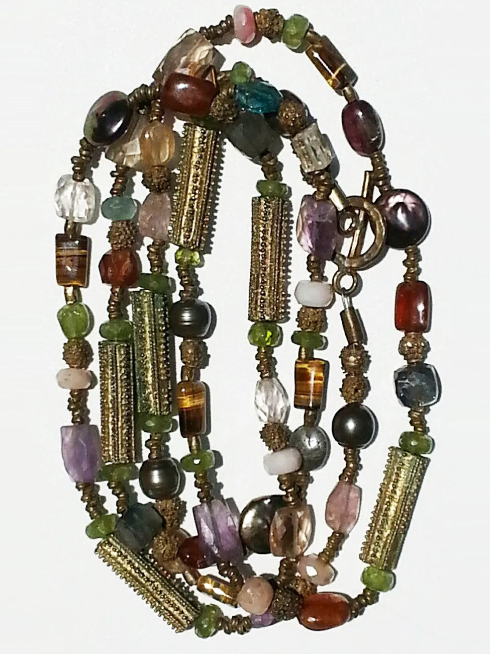 Necklace Citrine, Quartz and Vintage African Brass Double Length