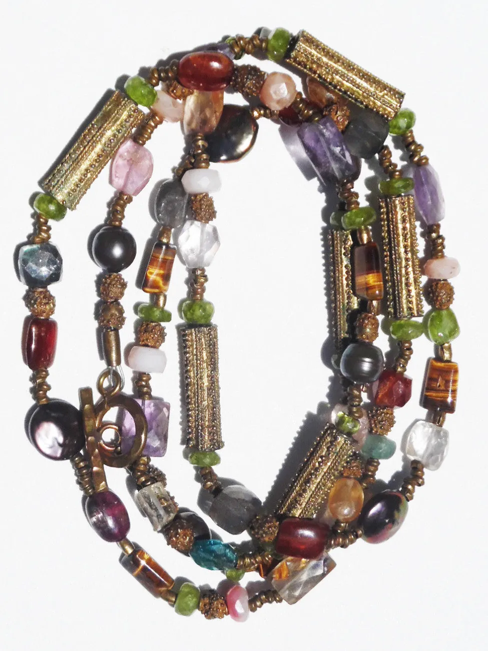Necklace Citrine, Quartz and Vintage African Brass Double Length