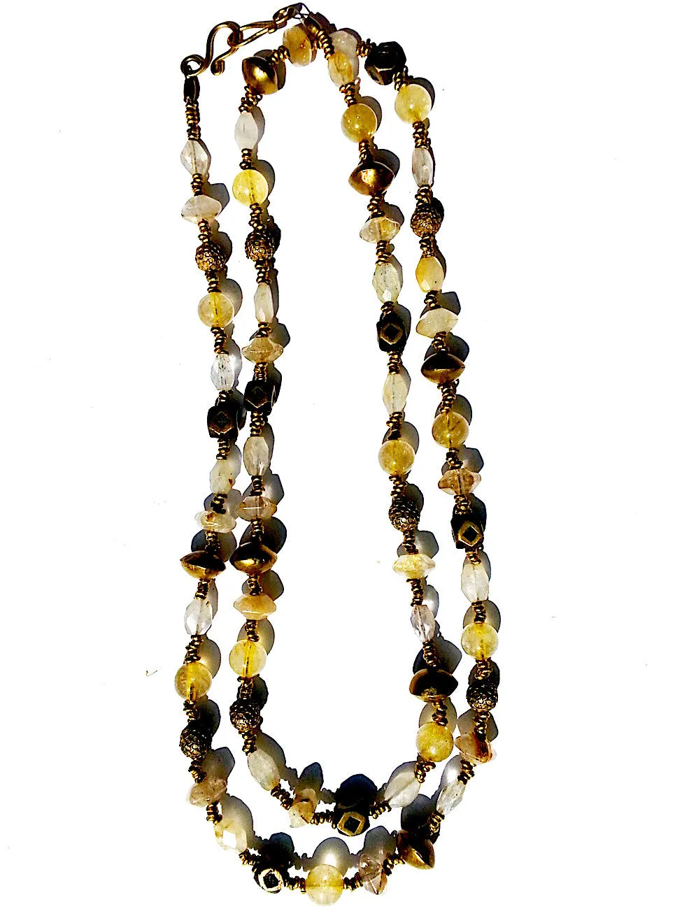 Necklace Citrine, Quartz and Vintage African Brass Double Length